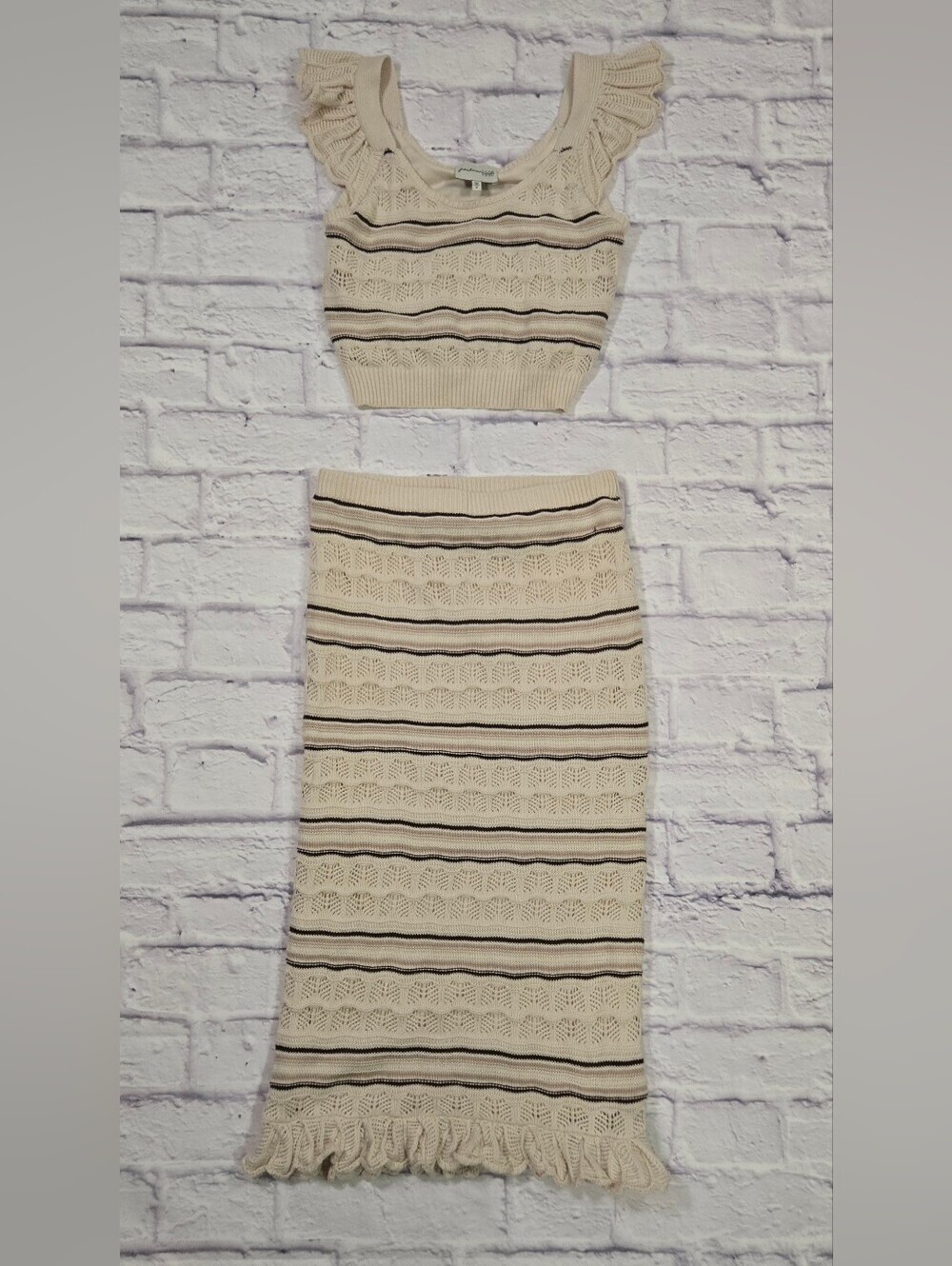 Freshman 1996 Knit Two Piece Skirt Set Cream Ruffle Midi Co Ord Medium